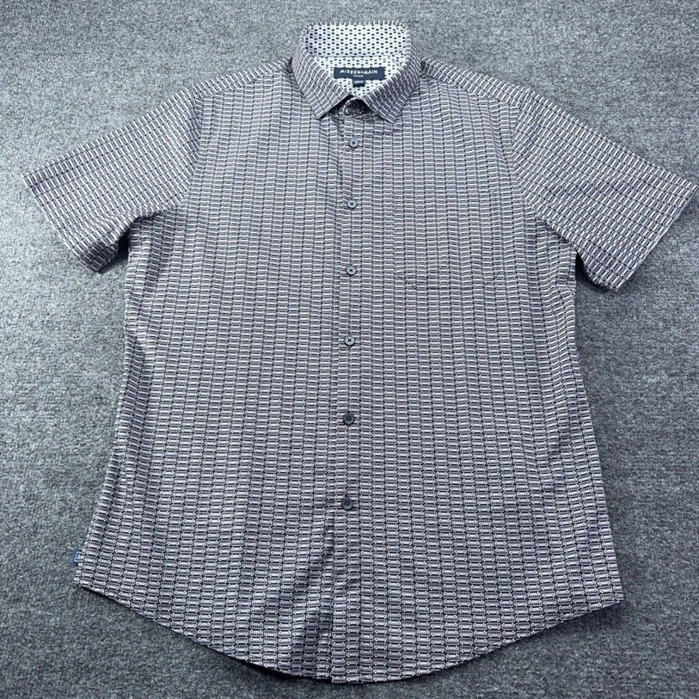 Mizzen+Main Leeward Shirt Mens Medium Trim Fit Navy Bus Print Short Sleeve